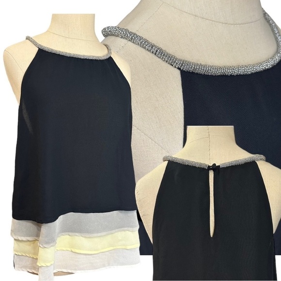RD Style Gorgeous Crystal Beaded Black Sheer Multicolored Tiered Medium Top - Picture 1 of 15